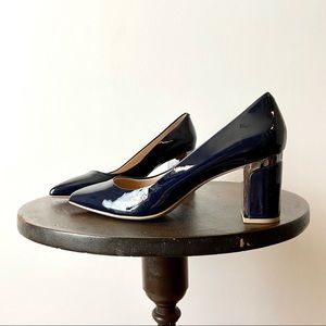 DKNY Navy Patent Leather Block Heel Pumps 9.5/40